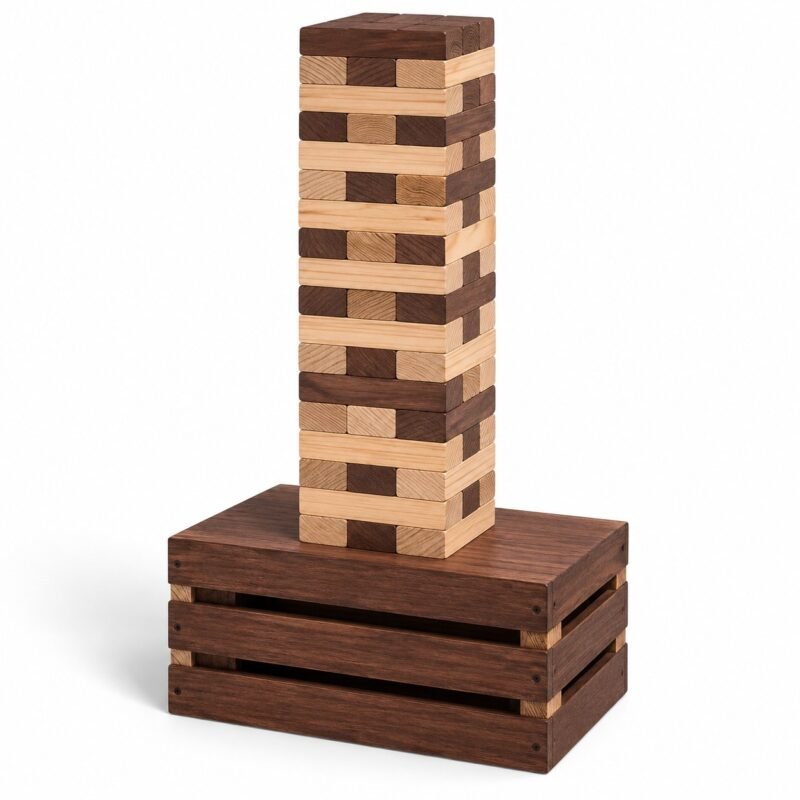 60-Block Tower with Wooden Crate. Built with new Zealand pine. Each block measures 7.0 x 2.31 x 1.12 in / block. All 12 edges sanded and rounded.