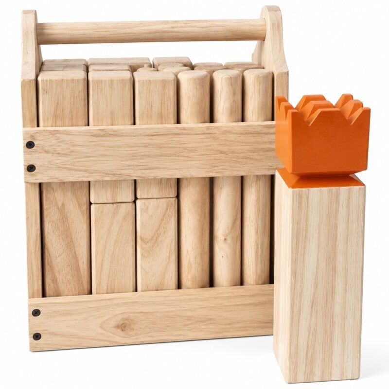 WG-KBB-006 Regulation Kubb with Wood Box. Built with natural high-strength rubberwood. The game measures 30 cm king / 15 cm blocks and dowels.