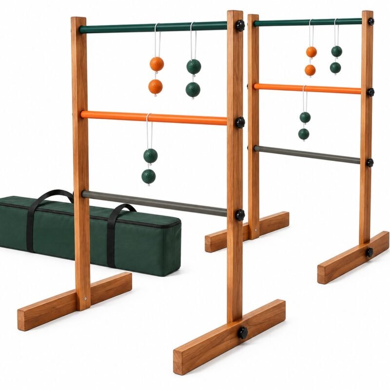 WG-LDG-001-1 Rubberwood 35 IN Ladder Golf. Built with rubberwood with PE golf ball bolas. The game measures 35 in H x 24 in W / target. Rounded, weather-resistant