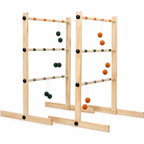 WG-LDG-003 Rubberwood Ladder Toss Set. Built with rubberwood with PE golf ball bolas. The game measures 35 in H x 26 in W / target. Bolt-lock ladder with 16 in n