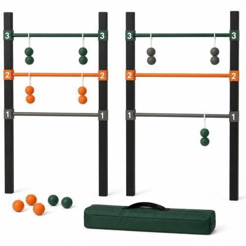 WG-LDG-005 Soft-Bola Wooden Ladder Toss. Built with solid wood targets with soft rubber bolas. The game measures 46 in L x 5 in W x 4 in H packed. Portable two-t