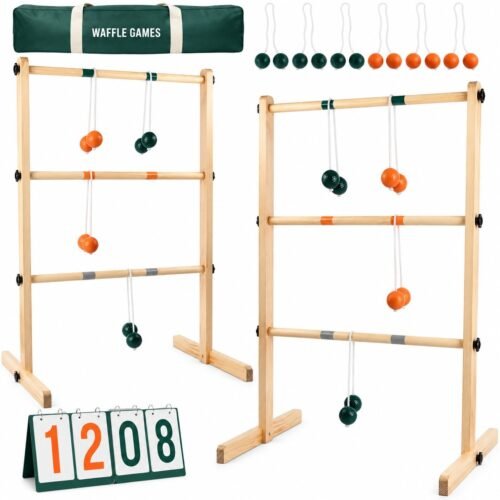 WG-LDG-006 Wooden Ladder Toss with Scoreboard. Built with wooden frame with bolas. The game measures 34.25 x 8.66 x 4.33 in packed. Portable ladder target with 1