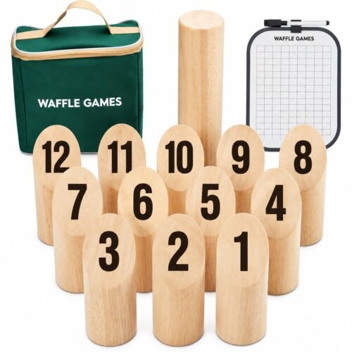 Rubberwood Numbered Block Toss. Built with shock-absorbing rubberwood blocks. The game measures 12 pins: 2.2 x 2.2 x 6 in / 10 in thrower.