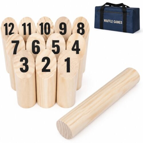 Pine Numbered Block Toss. Built with smooth-finished pinewood blocks. The game measures 12 pins: 2 x 2 x 6 in / 9.6 in thrower.
