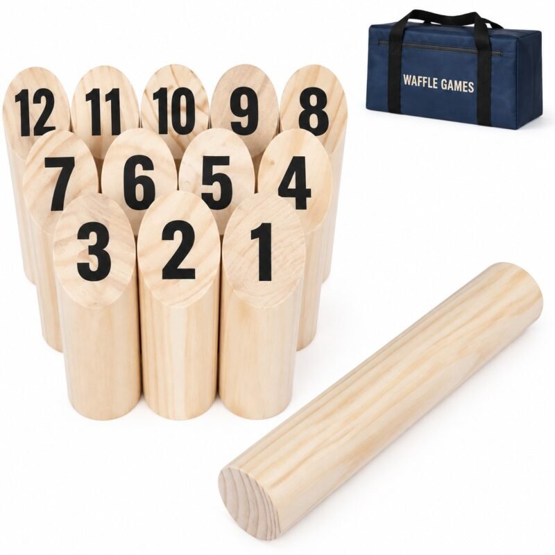 WG-NBT-004 Pine Numbered Block Toss. Built with smooth-finished pinewood blocks. The game measures 12 pins: 2 x 2 x 6 in / 9.6 in thrower.