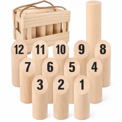 Rubberwood Crate Toss Set. Built with shock-absorbing rubberwood blocks. The game measures 12 pins: 2 x 2 x 6 in / 8 in thrower.