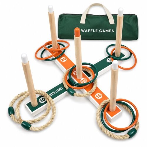 WG-RTQ-001-1 Classic Wooden Ring Toss. Built with wood target with rope rings. The game measures 16.54 x 1.97 x 0.71 in. Scored wooden base for floor or lawn play.