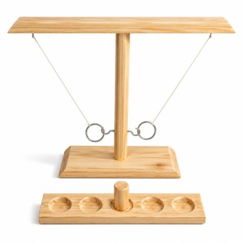 WG-RTQ-003 Large Wooden Hook & Ring. Built with natural wood with metal hook. The game measures 15.7 in L x 13 in H. Tool-free knock-down tabletop or patio frame