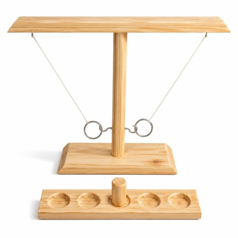 Large Wooden Hook & Ring. Built with natural wood with metal hook. The game measures 15.7 in L x 13 in H. Tool-free knock-down tabletop or patio frame