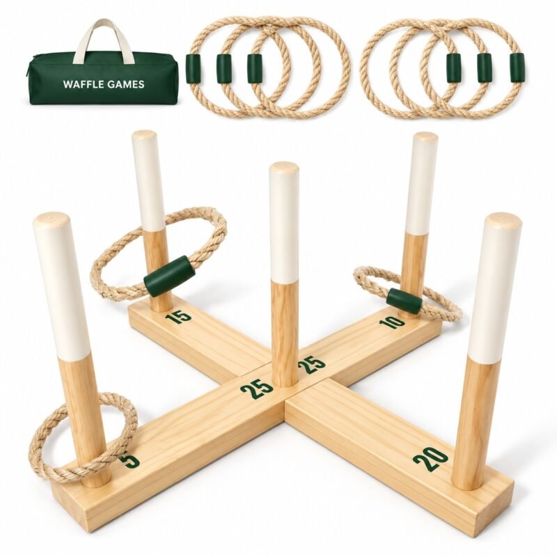 WG-RTQ-004-1 All-Weather Rustic Ring Toss. Built with new Zealand pine. The game measures 16.5 x 16.5 x 8.5 in. Polished and sealed carry-ready target.