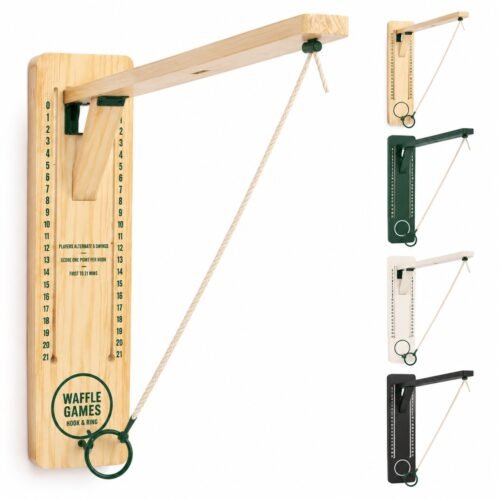 WG-RTQ-005 Foldable Wall-Mount Ring Swing. Built with solid wood, powder-coated ring and hook. The game measures 32 x 6 x 23 in. Wall mount with folding play arm