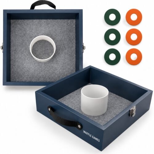 Felt-Lined Washer Toss Boxes. Built with wood boxes with sealed laminate exterior. The game measures 13.5 x 13.5 x 3.5 in / box.