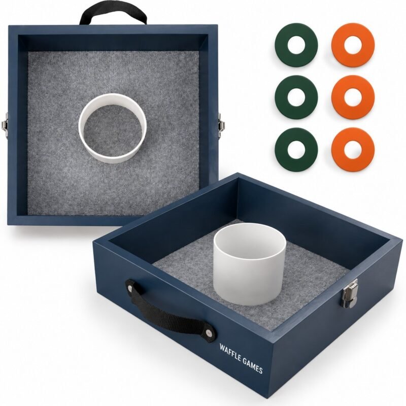 Felt-Lined Washer Toss Boxes. Built with wood boxes with sealed laminate exterior. The game measures 13.5 x 13.5 x 3.5 in / box.