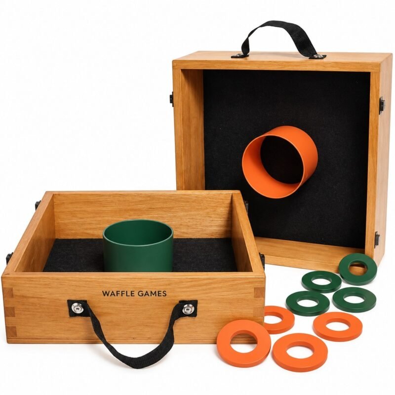 WG-WST-003 Rubberwood Washer Toss Set. Built with solid rubberwood with oak-color finish. The game measures 12 x 12 x 3.5 in / box.