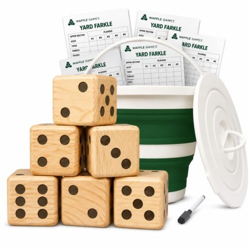 Giant Dice with Collapsible Bucket. Built with new Zealand pine dice, sealed varnish. The game measures 6 jumbo dice / 5-player format.