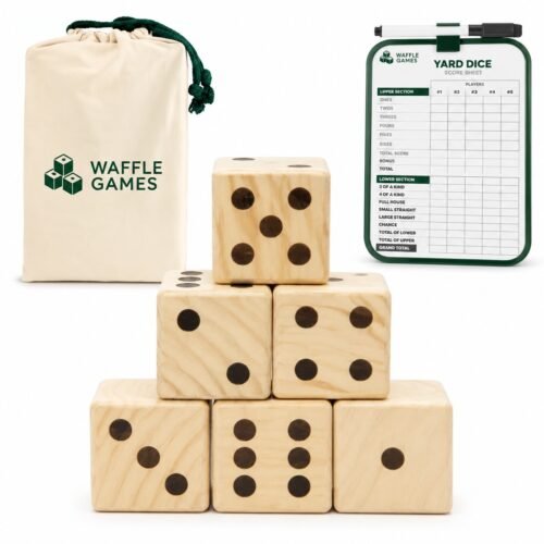 Wooden Dice with Scoreboard. Built with hand-sanded wood with canvas carry bag. The game measures 2.5 x 2.5 x 2.5 in / die.