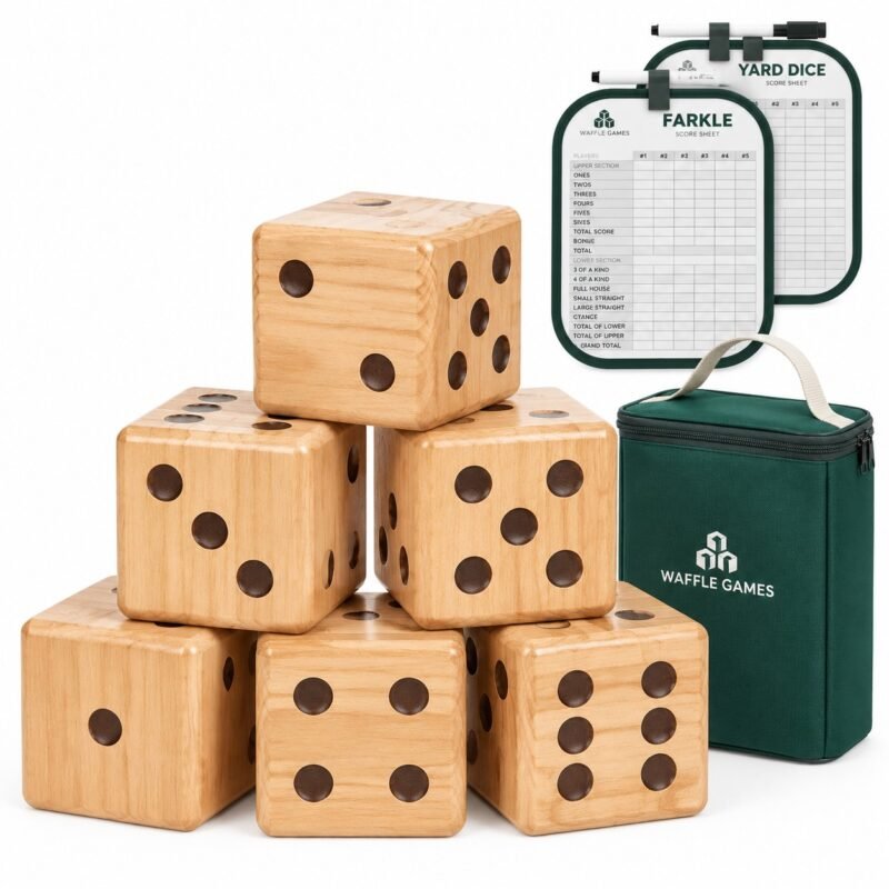 Weather-Sealed Pine Dice. Built with solid pine with weather-proof coating. The game measures 3.5 in giant dice format. Hot-stamped pips and smooth fi