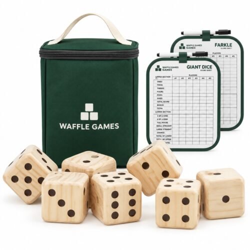 Rounded-Edge Pine Dice Set. Built with new Zealand pine with heat-stamped pips. The game measures 3.54 x 3.54 x 3.54 in / die.