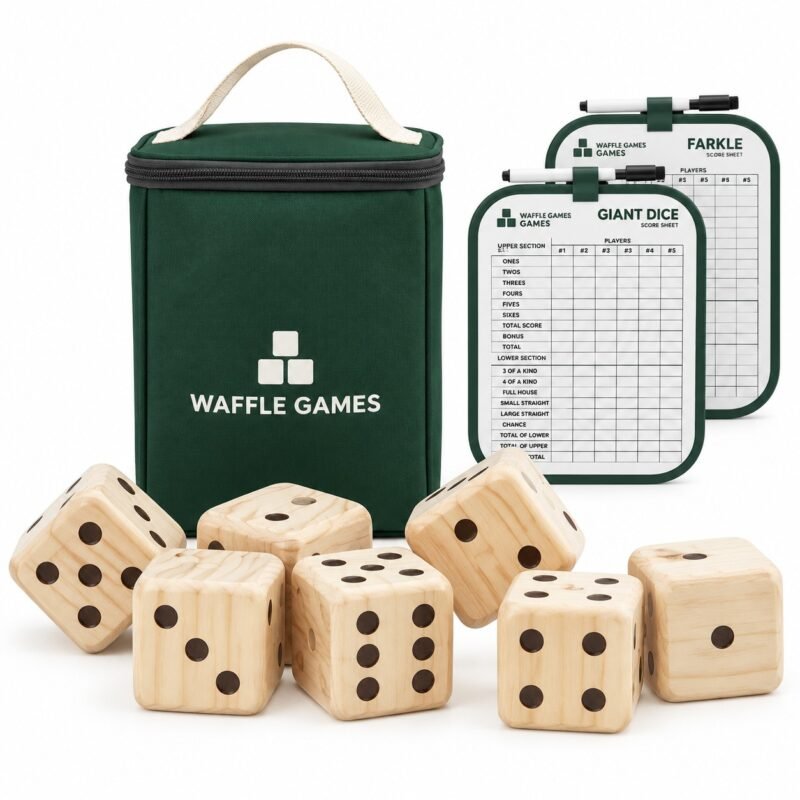 WG-YDC-006 Rounded-Edge Pine Dice Set. Built with new Zealand pine with heat-stamped pips. The game measures 3.54 x 3.54 x 3.54 in / die.