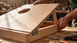 Craftsman checking the replaceable deck panel and hinge on a birch cornhole board