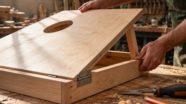 Craftsman checking the replaceable deck panel and hinge on a birch cornhole board