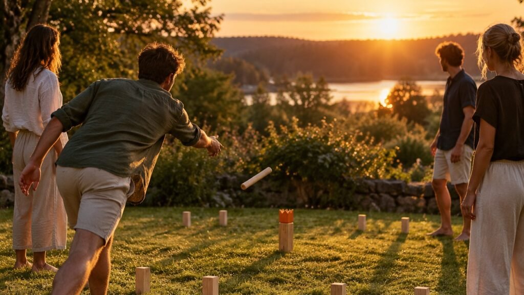 Friends playing kubb on a lawn at golden hour