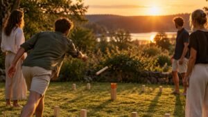 Friends playing kubb on a lawn at golden hour