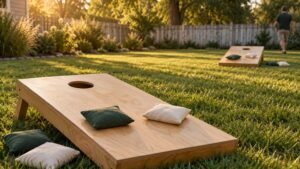 Two regulation cornhole boards facing each other on a backyard lawn in late afternoon light, birch plywood surface with a 6-inch hole set 9 inches from the back edge, eight fabric bags on and around the boards