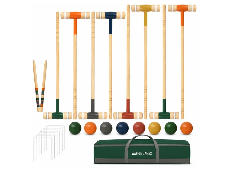 Wooden croquet set with mallets and painted balls