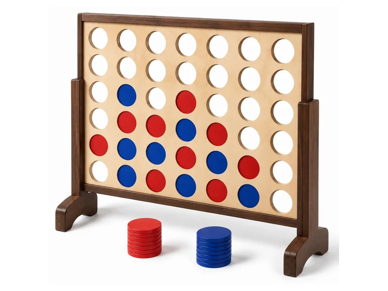 Giant wooden 4 in a row game with red and blue discs