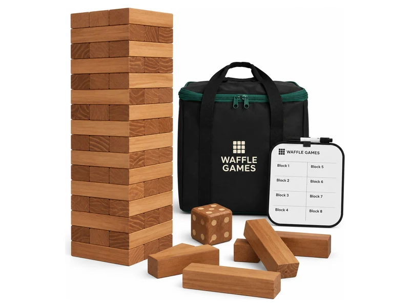 Giant wooden tumble tower made from solid pine blocks