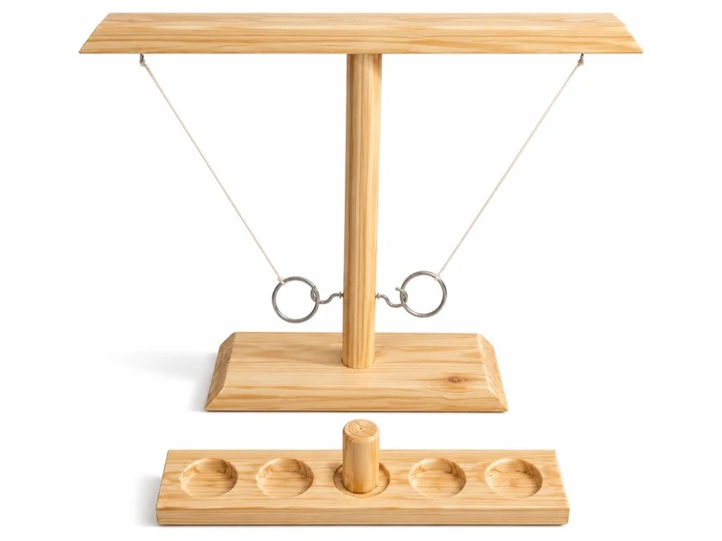 Wooden ring toss and quoits game with rope rings